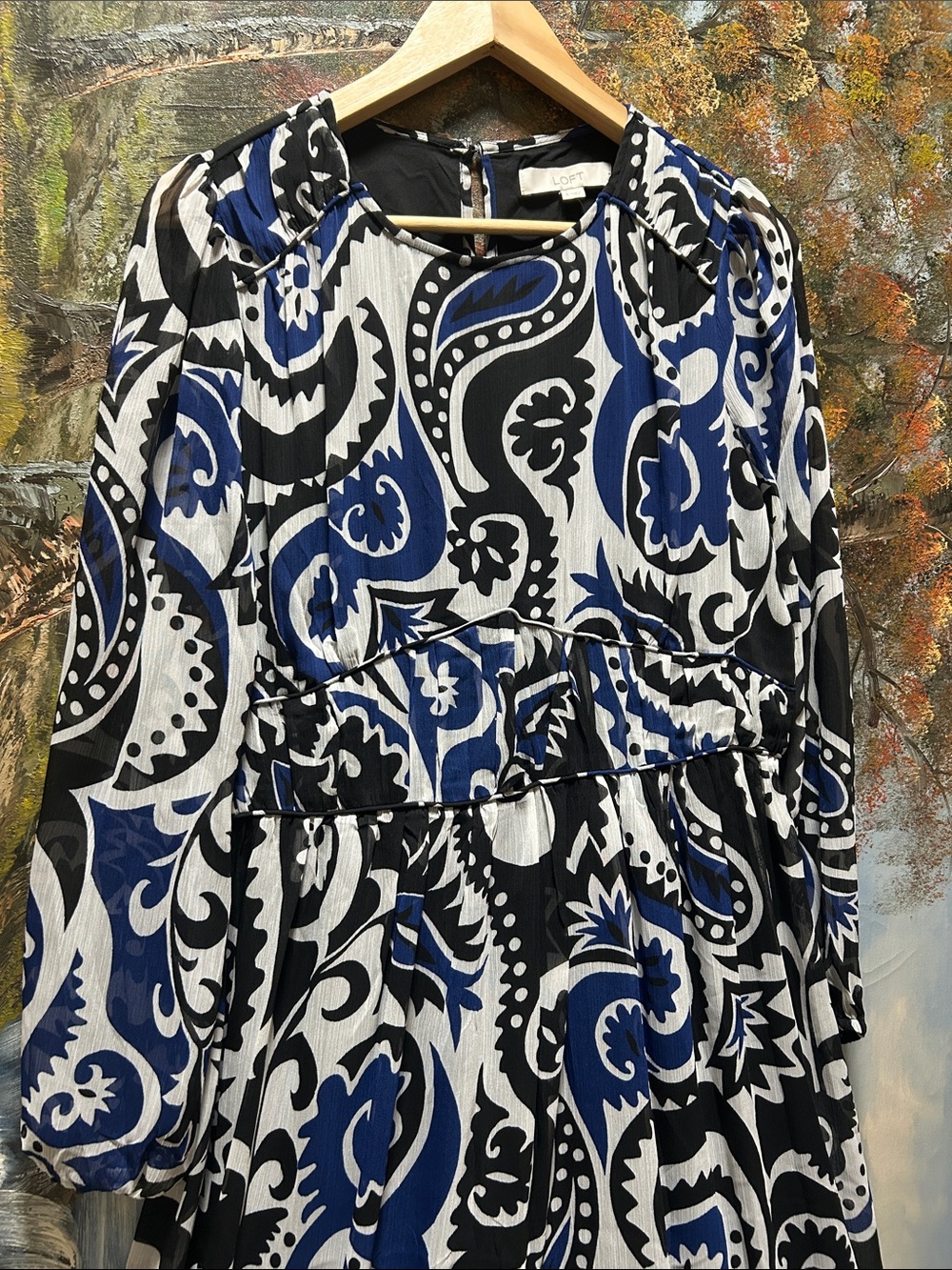 LOFT Black Blue White Paisley Long-Sleeve Dress